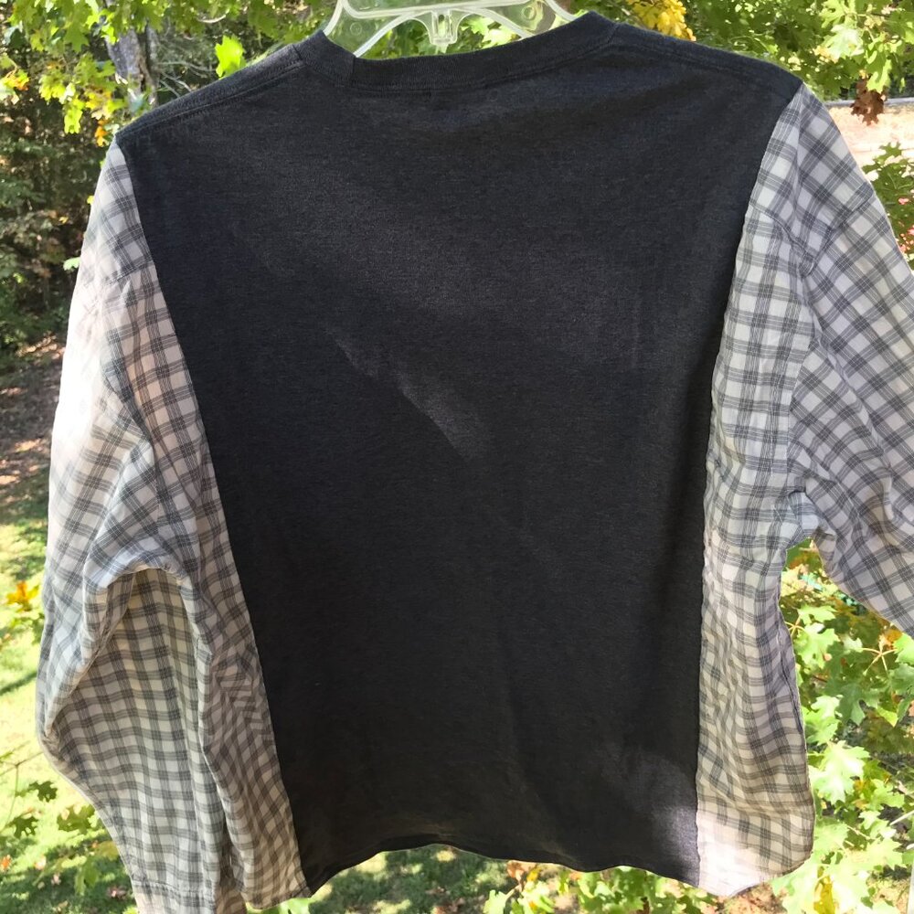 Upcycled Reworked Graphic T-Shirt, Saxophone Theme Plaid Shirt, Size S - M - Picture 10 of 12